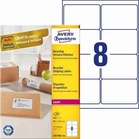 Recyklingowane etykiety wysyłkowe, A4, 100 ark, 99,1x67,7 mm, białe