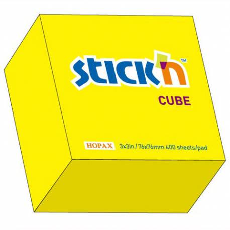 Karteczki samoprzylepne Stickn, 76x76 mm, żółty neonowy, kostka 400 kartek