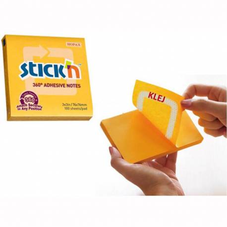 Karteczki samoprzylepne Stickn, 76x76 mm, 360 stopni ciemny żółty 100 kartek