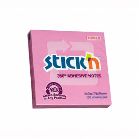 Karteczki samoprzylepne Stickn, 76x76 mm, 360 stopni różowy 100 kartek