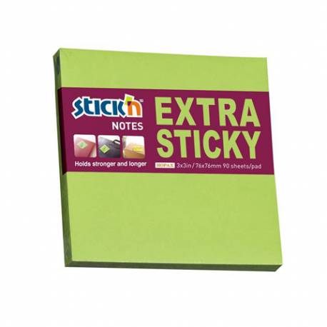 Karteczki samoprzylepne Stickn, EXTRA STICKY 76x76mm zielony neon/90 kart.