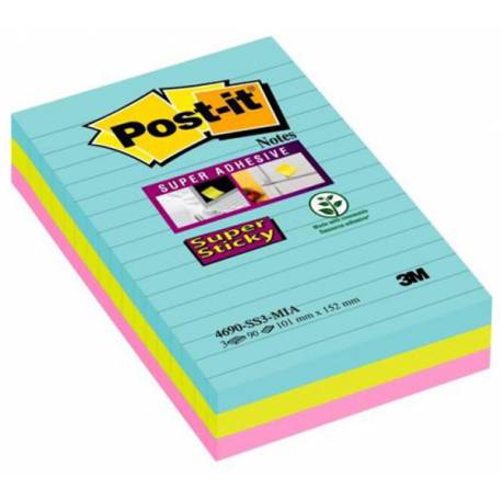Karteczki samoprzylepne, Post it Super Sticky w linie 4690-SS3MIA, 101x152mm, 3x90k, Miami
