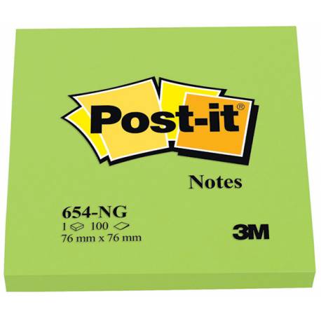Karteczki samoprzylepne, Post it 654N 76x76mm, 100k, jaskrawy zielon