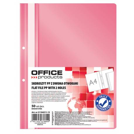 Skoroszyt OfficeP, PP, A4, 2 otwory, 100/170mikr, wpinany, różowy