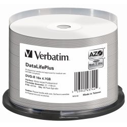 Płyta VERBATIM DVD-R cake box 50, 4.7GB 16x, Wide Inkjet Printable No ID