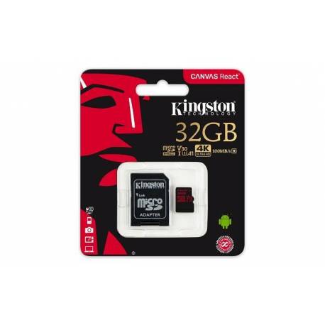 Kingston karta pamięci microSDHC Canvas React U3 UHS-I V30 | 32 GB | + Adapter