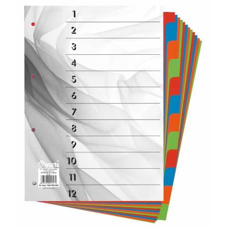 Przekładka do segregatora, separator kartonowy A4, 12 kolorowych indeksów
