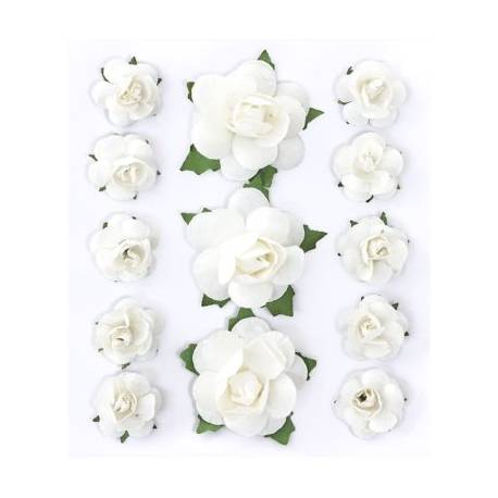 Kwiaty papierowe z łodyżką, RÓŻE, 13 sztuk., biały
