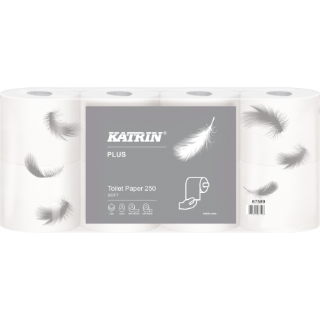 Papier toaletowy, małe rolki, Katrin Plus Toilet, 67589, super biały, 3 warstwy, 250 listków, 56 rolek, Ø 11cm, dł- 30 m