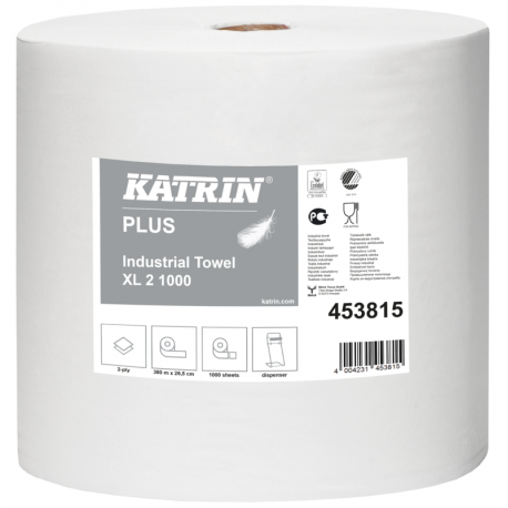 Czyściwa papierowe Katrin Plus XL 2, 453815, super biały, 2 warstwy, 1000 listków, 2 rolki, Ø 29cm, dł- 380 m