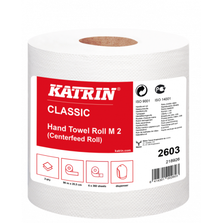 Ręczniki w roli Katrin Classic M2, 2603, biały, 2 warstwy, 360 listków, Ø 20cm, dł- 90 m, 1 rolka