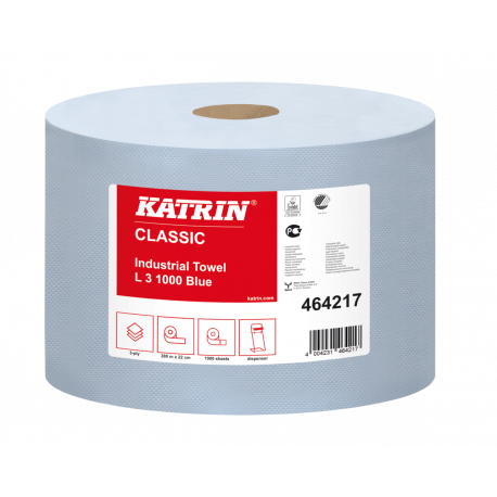 Czyściwa papierowe Katrin Classic L 3 , 464217, niebieski, 3 warstwy, 1000 listków, 2 rolki, Ø 38cm, dł- 380 m