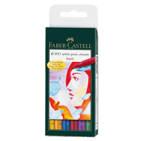 Pitt Artist Pen, flamastry pędzelkowe, pisak Faber Castell basic etui 6 szt