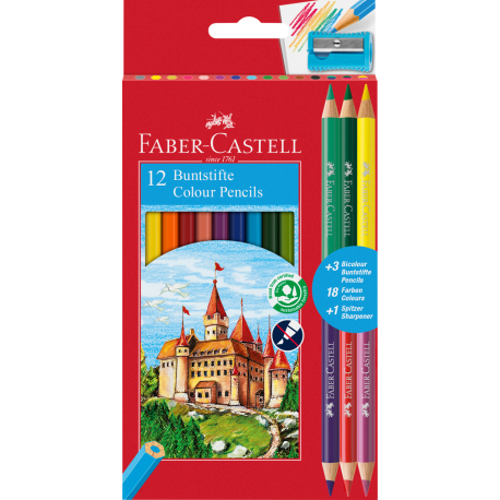 Kredki Faber Castell, ołówkowe, szkolne, ZAMEK 12 kolorów + 3 dwustronne