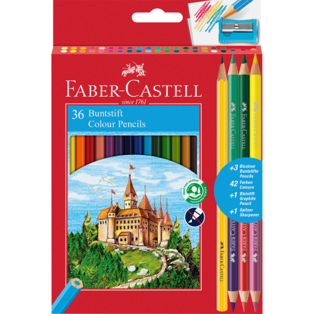 Kredki Faber Castell, ołówkowe, szkolne, ZAMEK 36 kolorów + 3 dwustronne