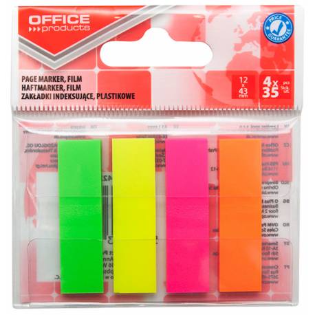 Zakładki indeksujące, samoprzylepne OfficeP, PP, 12x43mm, 4x35 kart, mix kolorów neon
