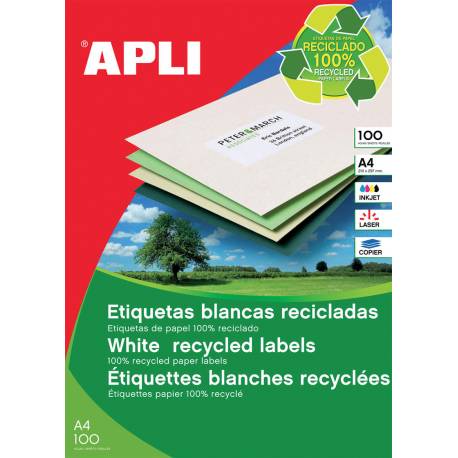 Etykiety samoprzylepne, ekologiczne APLI, 210x297mm, prostokątne, białe