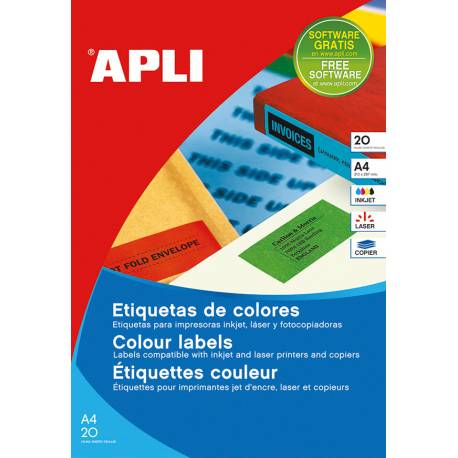Etykiety samoprzylepne, kolorowe APLI, 210x297mm, prostokątne, żółte, 20 ark.