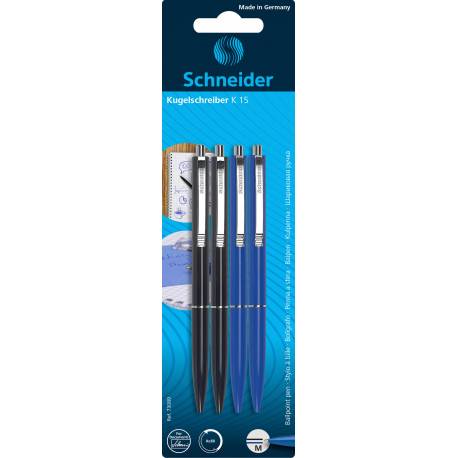 Długopisy automatyczne Schneider K15, 2x czarny + 2x niebieski, blister