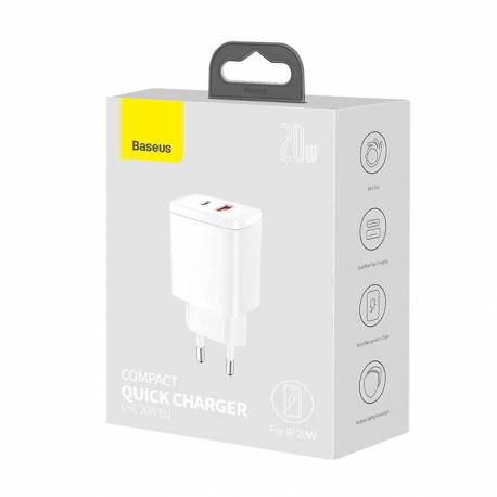 Ładowarka sieciowa Compact Quick Charger USB, USB-C, 20W, biała, Baseus