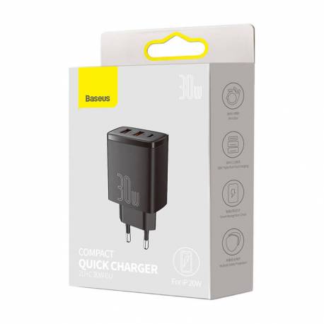 Ładowarka sieciowa Compact Quick Charger 2xUSB, USB-C, PD, 3A 30W black, Baseus