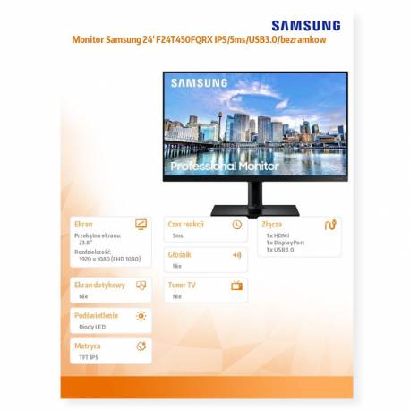Samsung Monitor 23,8 IPS 1920x1080 FHD 16:9 2xHDMI 1xDP 5ms HAS+PIVOT płaski 3Y