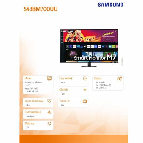 Samsung Monitor 43 VA 3840x2160 UHD 16:9 2xHDMI/1xUSB-C(65W) 4 ms (GTG) głośniki