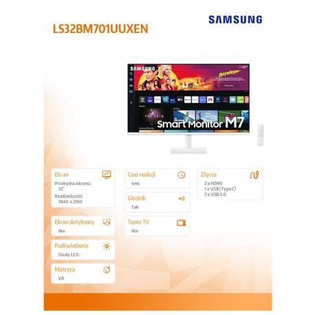 Samsung Monitor 32 VA 3840x2160 UHD 16:9 2xHDMI/1xUSB-C (65W) 4 ms (GTG) głośnik