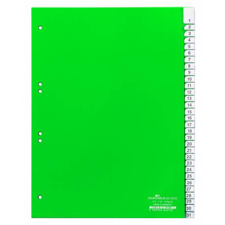 Przekładki plastikowe, do segregatora, A4 zielone, zgrzane wymienne indeksy, 1-31