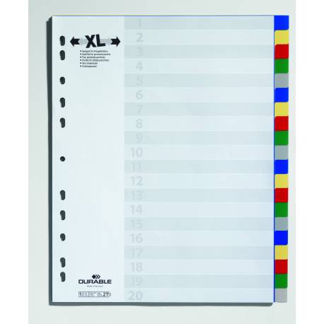 Przekładki plastikowe, do segregatora, A4 Durable, kolorowe indeksy, 20 części, poszerzone