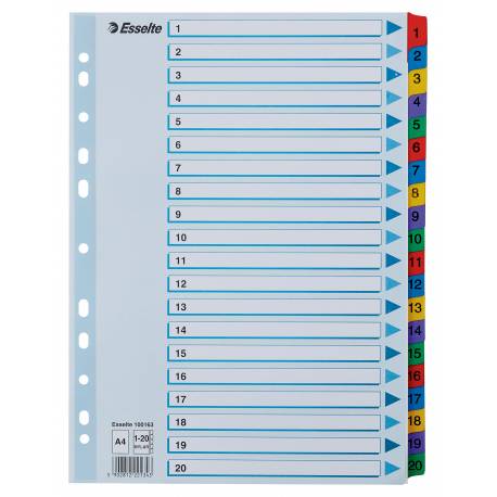 Przekładki kartonowe A4 Mylar Esselte, kolorowe indeksy z nadruk 1-20 