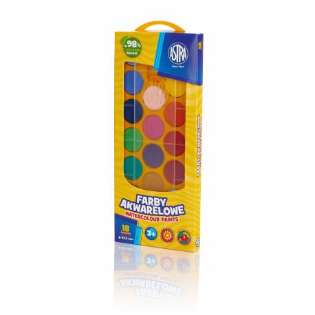 Farby akwarelowe Astra 18 kolorów, szkolne farby wodne, 23,5 mm w pudełku