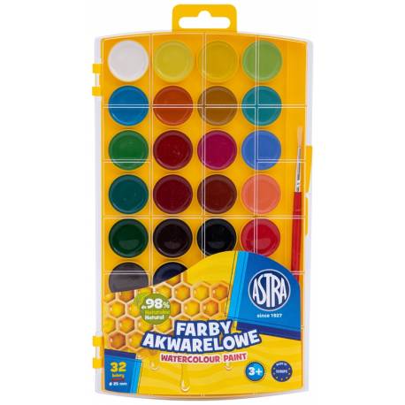 Farby akwarelowe Astra 32 kolory, szkolne farby wodne, 25mm z eurozawieszką
