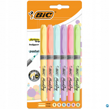 Zakreślacz Bic HighLighter Grip 6 kolorów pastelowe kolory, BiC