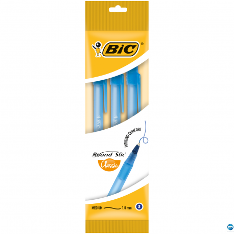 Długopisy BIC Round Stic Classic, jednorazowe długopisy niebieskie, 3 sztuki