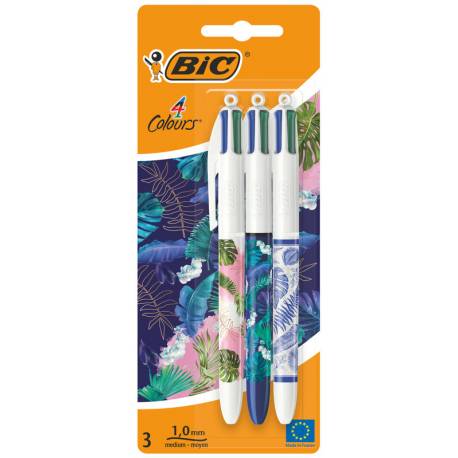 Długopis BIC, automatyczny długopis wielokolorowy 4 kolory Decor Botanical 3 szt