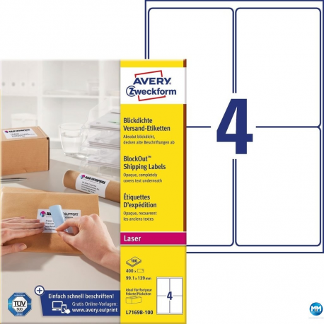 Etykiety wysyłkowe na paczki, A4, 100 ark./op., 99,1 x 139 mm, białe etykiety Avery Zweckform