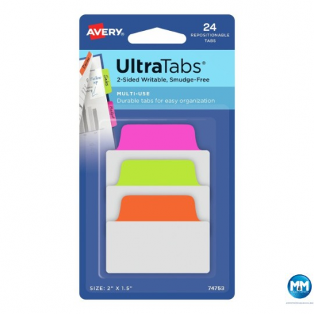 Ultra Tabs - samoprzylepne zakładki indeksujące, kolorowe, neonowe, 50,8x38, 24 szt. Avery Zweckform