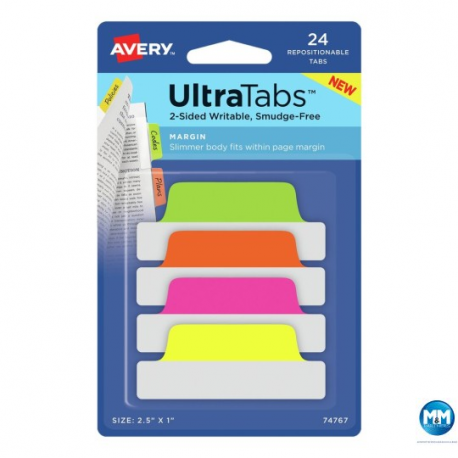 Ultra Tabs - samoprzylepne zakładki indeksujące, kolorowe, neonowe, 63,5x25, 24 szt. Avery Zweckform