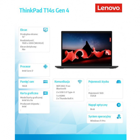 Lenovo Ultrabook ThinkPad T14s G4 W11Pro i7-1355U/16GB/512GB/INT/14.0 WUXGA/Deep
