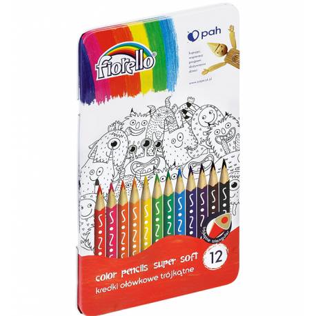 Kredki ołówkowe FIORELLO Super Soft trójkątne kredki 12 kolorów metalowe etui