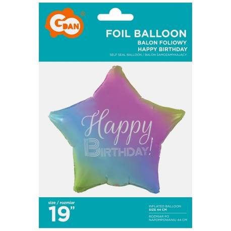 Balon foliowy Happy Birthday, gwiazda gradinet, nadruk biały 19", GoDan